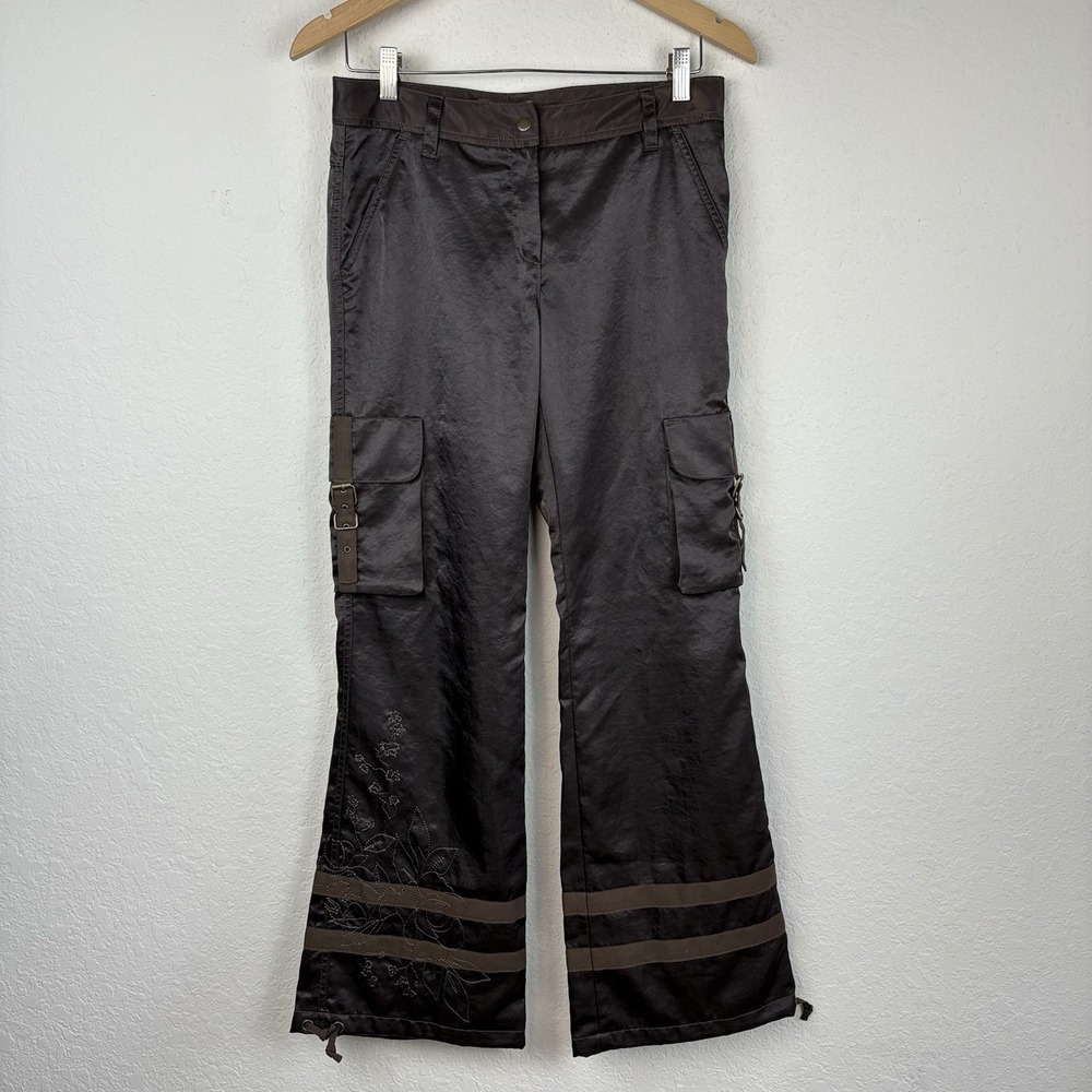 Vtg Y2K Express Cargo Pants Size 4 Wide Leg Embroidered Fairy Grunge Brown 90s
